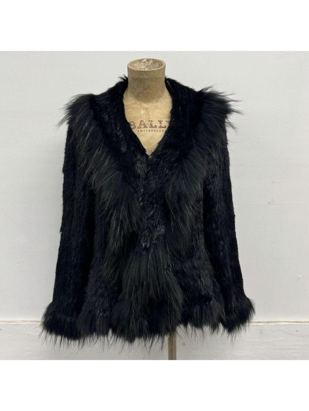 Vintage Y2K Black Knit Rabbit & Fox Fur Jacket Coat Penny Lane